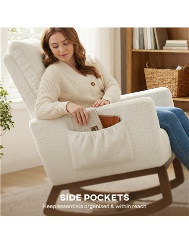 HOMCOM Rocking Chair for Adults, Lounge Rocker Chair with Lumbar Pillow, High Back, Wood Base, Side Pockets, Cream White