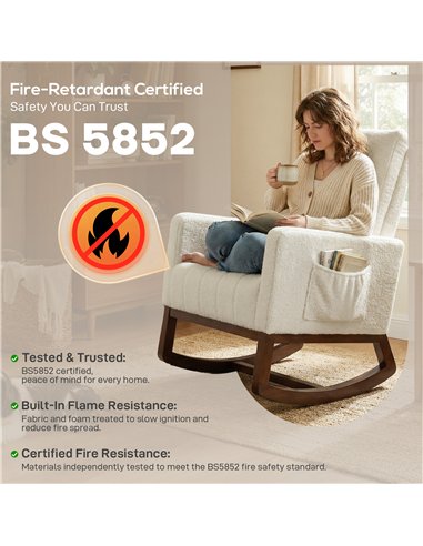 HOMCOM Rocking Chair for Adults, Lounge Rocker Chair with Lumbar Pillow, High Back, Wood Base, Side Pockets, Cream White