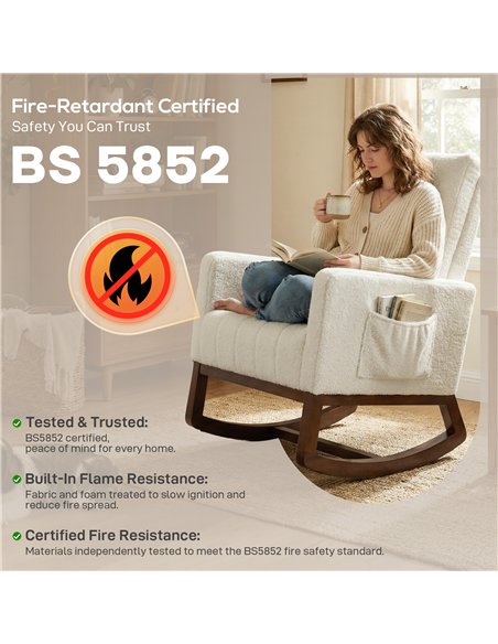 HOMCOM Rocking Chair for Adults, Lounge Rocker Chair with Lumbar Pillow, High Back, Wood Base, Side Pockets, Cream White - pic 190272 | FastDaddyshop