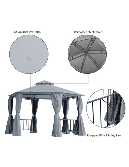 Outsunny Hexagon Gazebo Patio Canopy Party Tent Outdoor Garden Shelter w/ 2 Tier Roof & Side Panel - Grey - pic 19028 | FastDaddyshop