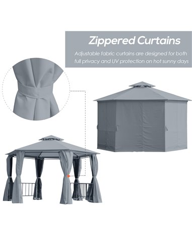 Outsunny Hexagon Gazebo Patio Canopy Party Tent Outdoor Garden Shelter w/ 2 Tier Roof & Side Panel - Grey
