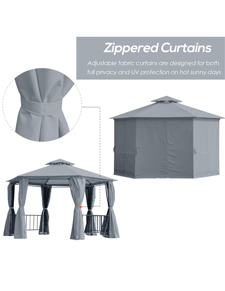 Outsunny Hexagon Gazebo Patio Canopy Party Tent Outdoor Garden Shelter w/ 2 Tier Roof & Side Panel - Grey - pic 19030 | FastDaddyshop