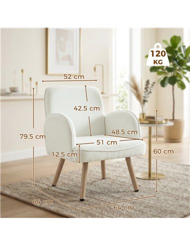 HOMCOM Lounge Chair Velvet Upholstered Armchair with Spring Cushion for Living Room Bedroom Cream White