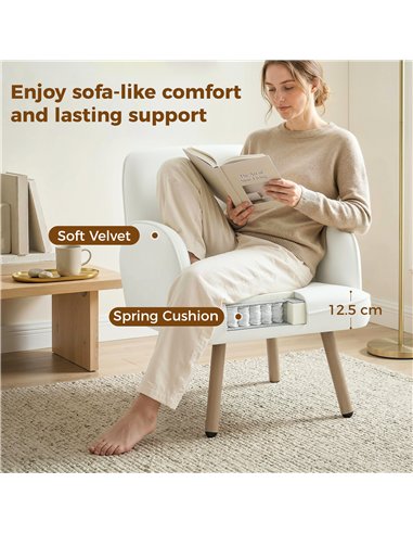 HOMCOM Lounge Chair Velvet Upholstered Armchair with Spring Cushion for Living Room Bedroom Cream White