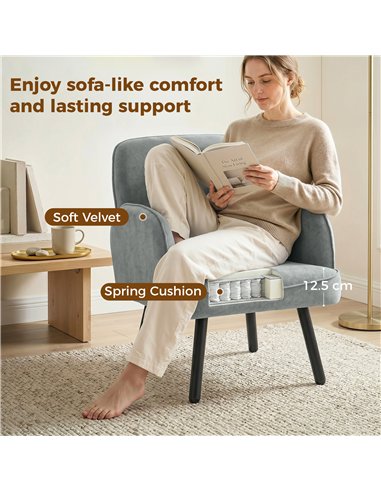 HOMCOM Lounge Chair Velvet Upholstered Armchair with Spring Cushion for Living Room Bedroom Grey
