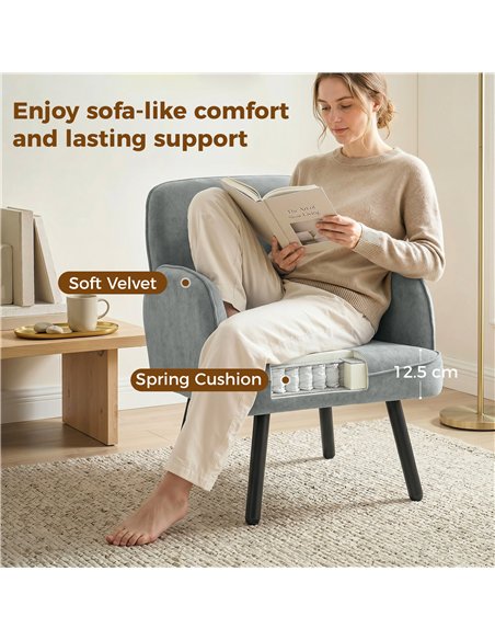 HOMCOM Lounge Chair Velvet Upholstered Armchair with Spring Cushion for Living Room Bedroom Grey - pic 190312 | FastDaddyshop