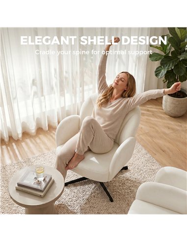 HOMCOM Swivel Accent Chair, Shell-Shaped Armchair with Spring Cushion, Metal Base, Cream White