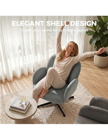 HOMCOM Swivel Accent Chair, Shell-Shaped Armchair with Spring Cushion, Metal Base, Grey