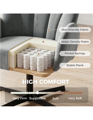 HOMCOM Swivel Accent Chair, Shell-Shaped Armchair with Spring Cushion, Metal Base, Grey