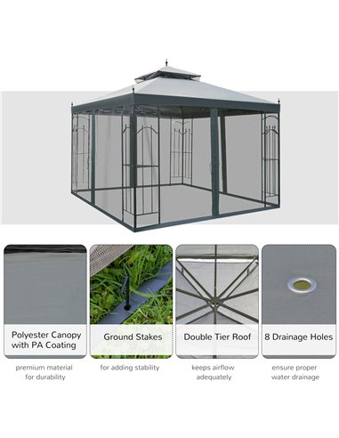 Outsunny 3x3M Garden Gazebo 2 Top Tent with Mesh Curtain, Grey