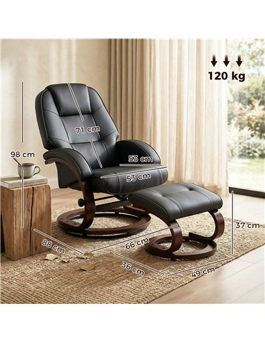 HOMCOM Swivel Recliner Chair with Footstool, PU Leather Recliner Armchair with Adjustable Back and Wood Frame, Black