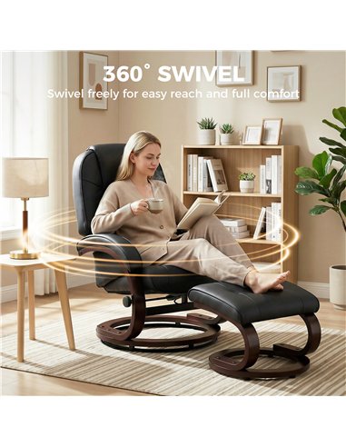HOMCOM Swivel Recliner Chair with Footstool, PU Leather Recliner Armchair with Adjustable Back and Wood Frame, Black