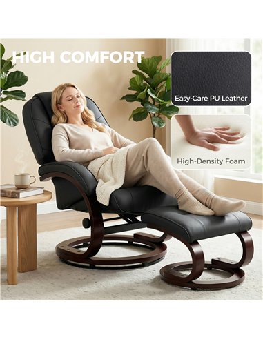 HOMCOM Swivel Recliner Chair with Footstool, PU Leather Recliner Armchair with Adjustable Back and Wood Frame, Black