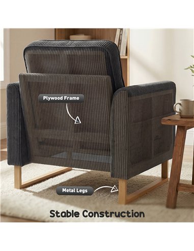 HOMCOM Accent Chair with Pocket Spring, Modern Industrial Armchair with Metal Legs for Livingroom Dark Grey