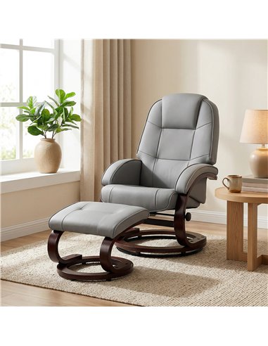 HOMCOM Swivel Recliner Chair with Footstool, PU Leather Recliner Armchair with Adjustable Back and Wood Frame, Grey