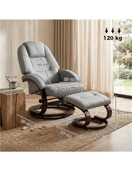 HOMCOM Swivel Recliner Chair with Footstool, PU Leather Recliner Armchair with Adjustable Back and Wood Frame, Grey - pic 190392 | FastDaddyshop
