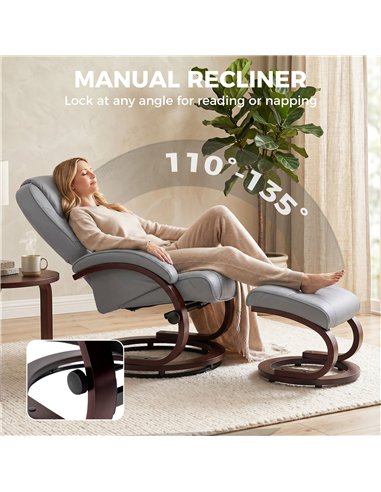 HOMCOM Swivel Recliner Chair with Footstool, PU Leather Recliner Armchair with Adjustable Back and Wood Frame, Grey
