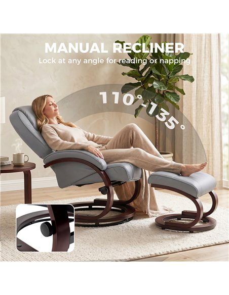 HOMCOM Swivel Recliner Chair with Footstool, PU Leather Recliner Armchair with Adjustable Back and Wood Frame, Grey - pic 190393 | FastDaddyshop