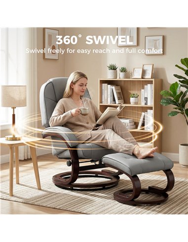 HOMCOM Swivel Recliner Chair with Footstool, PU Leather Recliner Armchair with Adjustable Back and Wood Frame, Grey