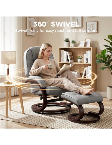 HOMCOM Swivel Recliner Chair with Footstool, PU Leather Recliner Armchair with Adjustable Back and Wood Frame, Grey - pic 190394 | FastDaddyshop