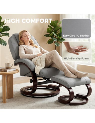 HOMCOM Swivel Recliner Chair with Footstool, PU Leather Recliner Armchair with Adjustable Back and Wood Frame, Grey