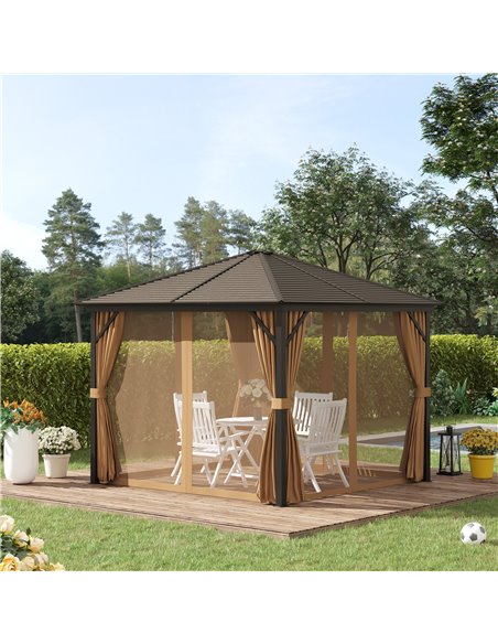 Outsunny 3x3M Aluminium Hardtop Gazebo with Mesh Curtains & Side Walls, Brown - pic 19042 | FastDaddyshop