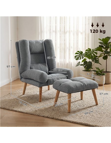 HOMCOM Recliner Chair with Footstool, Recliner Armchair with Adjustable Backrest, Thick Cushion and Wooden Legs, Grey - pic 190428 | FastDaddyshop