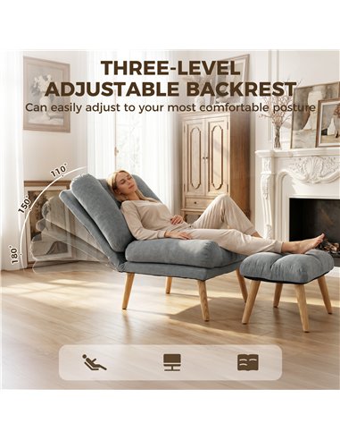 HOMCOM Recliner Chair with Footstool, Recliner Armchair with Adjustable Backrest, Thick Cushion and Wooden Legs, Grey