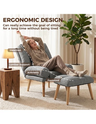 HOMCOM Recliner Chair with Footstool, Recliner Armchair with Adjustable Backrest, Thick Cushion and Wooden Legs, Grey