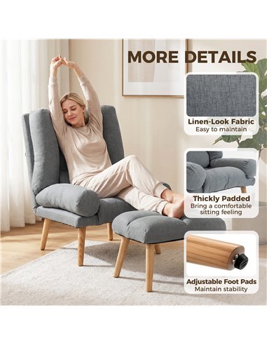 HOMCOM Recliner Chair with Footstool, Recliner Armchair with Adjustable Backrest, Thick Cushion and Wooden Legs, Grey