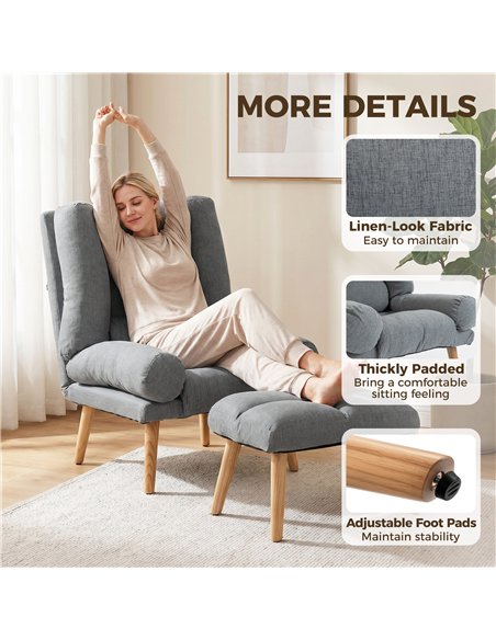 HOMCOM Recliner Chair with Footstool, Recliner Armchair with Adjustable Backrest, Thick Cushion and Wooden Legs, Grey - pic 190432 | FastDaddyshop