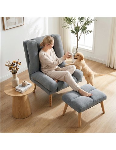 HOMCOM Recliner Chair with Footstool, Recliner Armchair with Adjustable Backrest, Thick Cushion and Wooden Legs, Grey