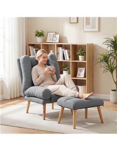 HOMCOM Recliner Chair with Footstool, Recliner Armchair with Adjustable Backrest, Thick Cushion and Wooden Legs, Grey
