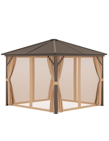 Outsunny 3x3M Aluminium Hardtop Gazebo with Mesh Curtains & Side Walls, Brown