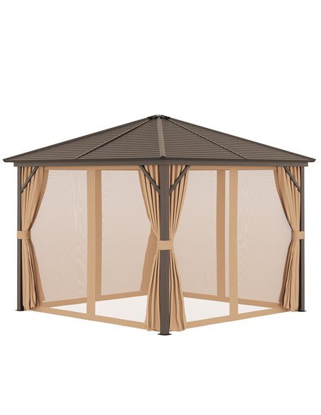 Outsunny 3x3M Aluminium Hardtop Gazebo with Mesh Curtains & Side Walls, Brown - pic 19045 | FastDaddyshop