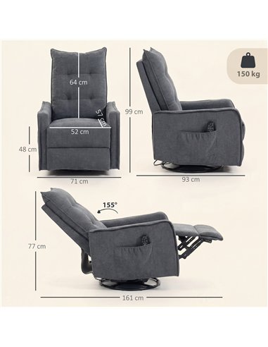 HOMCOM Recliner Armchair, Chenille Recliner Chair with Massage and Heat, 360° Swivel Rocking Manual Recliner, Dark Grey