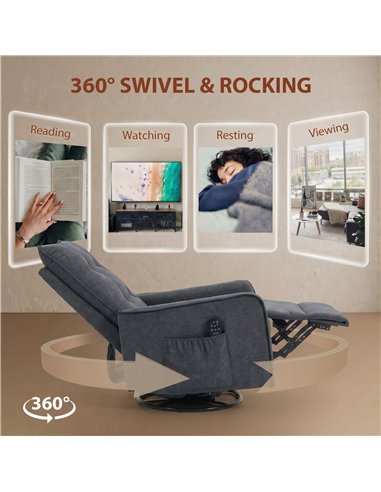 HOMCOM Recliner Armchair, Chenille Recliner Chair with Massage and Heat, 360° Swivel Rocking Manual Recliner, Dark Grey