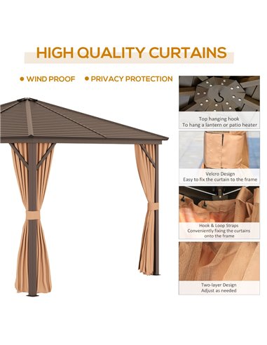 Outsunny 3x3M Aluminium Hardtop Gazebo with Mesh Curtains & Side Walls, Brown
