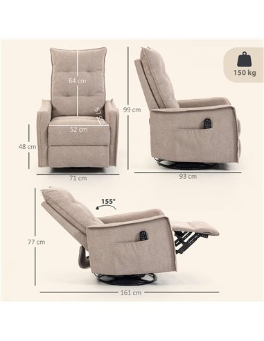 HOMCOM Recliner Armchair, Chenille Recliner Chair with Massage and Heat, 360° Swivel Rocking Manual Recliner, Brown