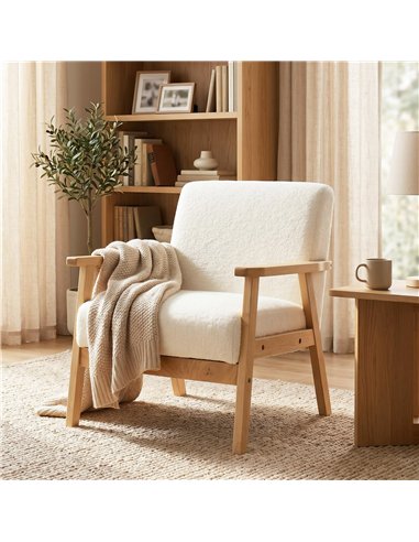 HOMCOM Modern Armchair, Sherpa Fleece Upholstered Accent Chair with Solid Wood Legs and Wide Seat, Cream White