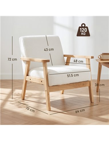 HOMCOM Modern Armchair, Sherpa Fleece Upholstered Accent Chair with Solid Wood Legs and Wide Seat, Cream White