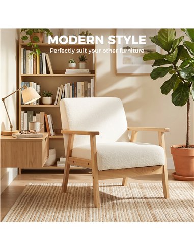 HOMCOM Modern Armchair, Sherpa Fleece Upholstered Accent Chair with Solid Wood Legs and Wide Seat, Cream White