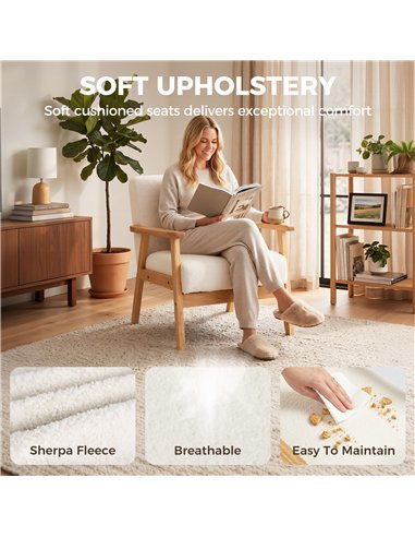 HOMCOM Modern Armchair, Sherpa Fleece Upholstered Accent Chair with Solid Wood Legs and Wide Seat, Cream White