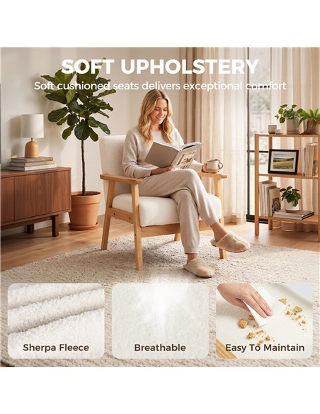 HOMCOM Modern Armchair, Sherpa Fleece Upholstered Accent Chair with Solid Wood Legs and Wide Seat, Cream White - pic 190502 | FastDaddyshop