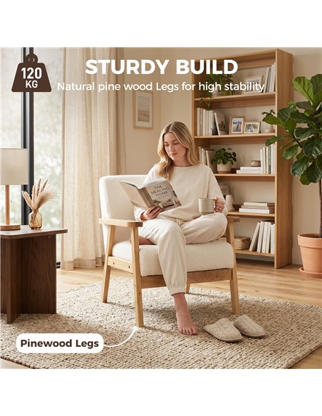 HOMCOM Modern Armchair, Sherpa Fleece Upholstered Accent Chair with Solid Wood Legs and Wide Seat, Cream White - pic 190503 | FastDaddyshop