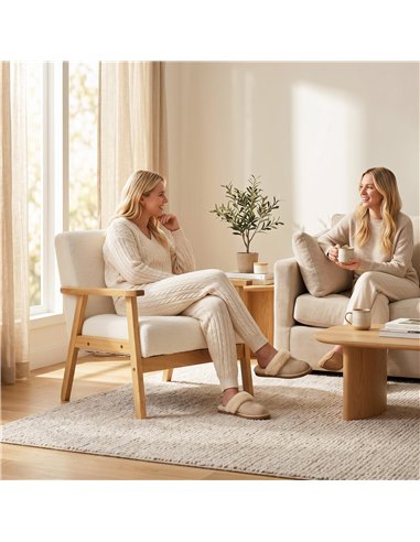 HOMCOM Modern Armchair, Sherpa Fleece Upholstered Accent Chair with Solid Wood Legs and Wide Seat, Cream White