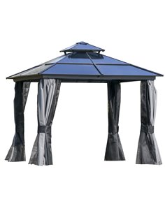 Outsunny 3x3m Polycarbonate Hardtop Gazebo with 2-Tier Roof, Mosquito Netting, Curtains, Grey