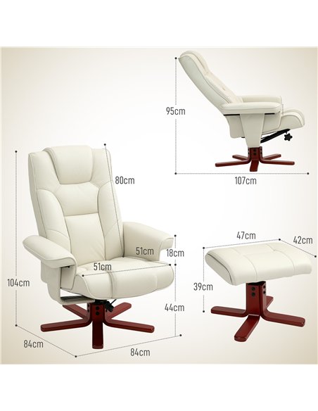 HOMCOM Faux Leather Manual Recliner and Footstool Set - Cream White - pic 190518 | FastDaddyshop