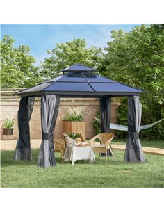 Outsunny 3x3m Polycarbonate Hardtop Gazebo with 2-Tier Roof, Mosquito Netting, Curtains, Grey 2