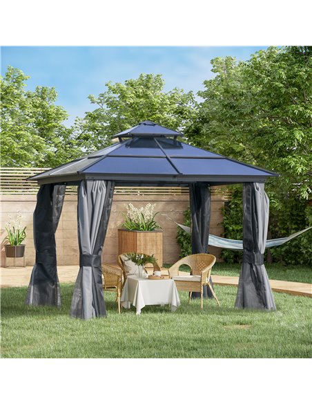 Outsunny 3x3m Polycarbonate Hardtop Gazebo with 2-Tier Roof, Mosquito Netting, Curtains, Grey - pic 19052 | FastDaddyshop